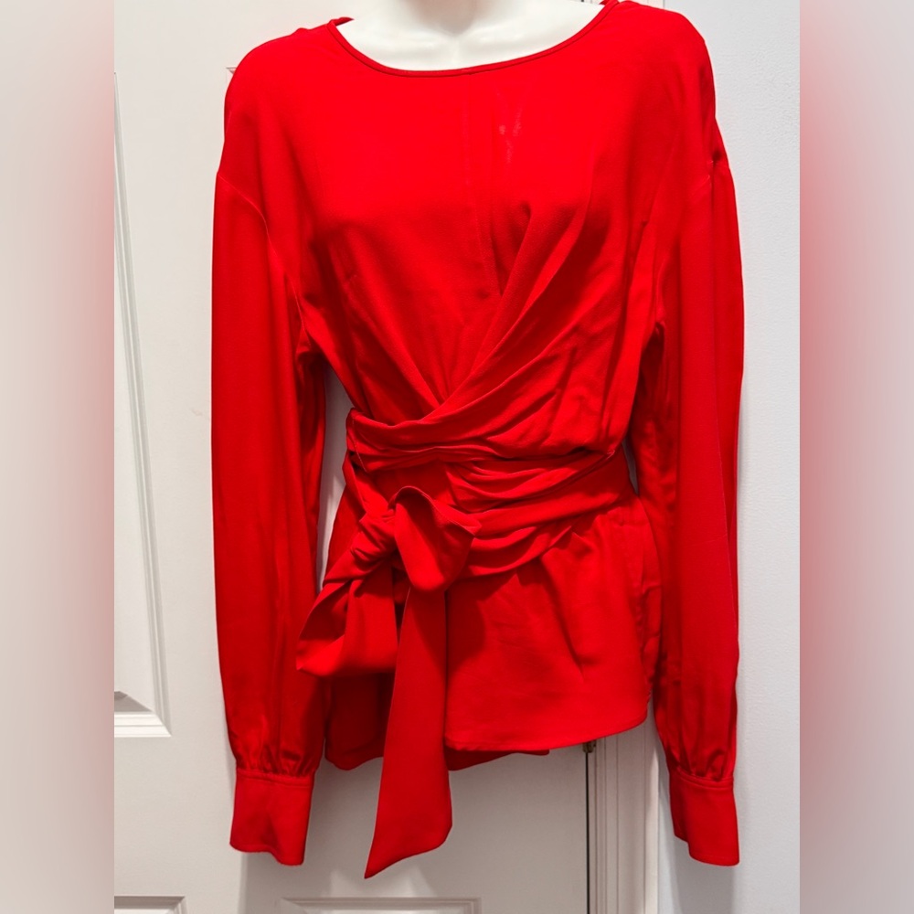 Diane Von Furstenberg Red Wrap Tie Front Blouse